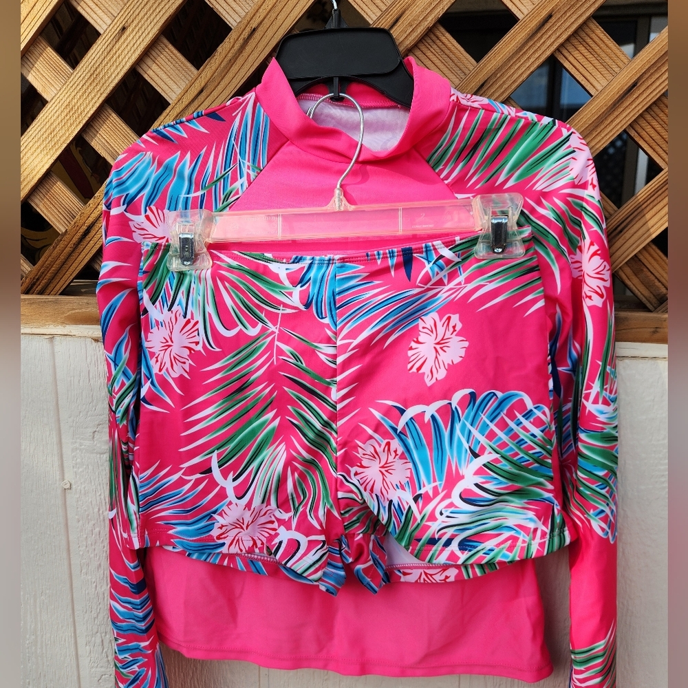 Pink Tropical Print 2 Piece Rash Guard Set